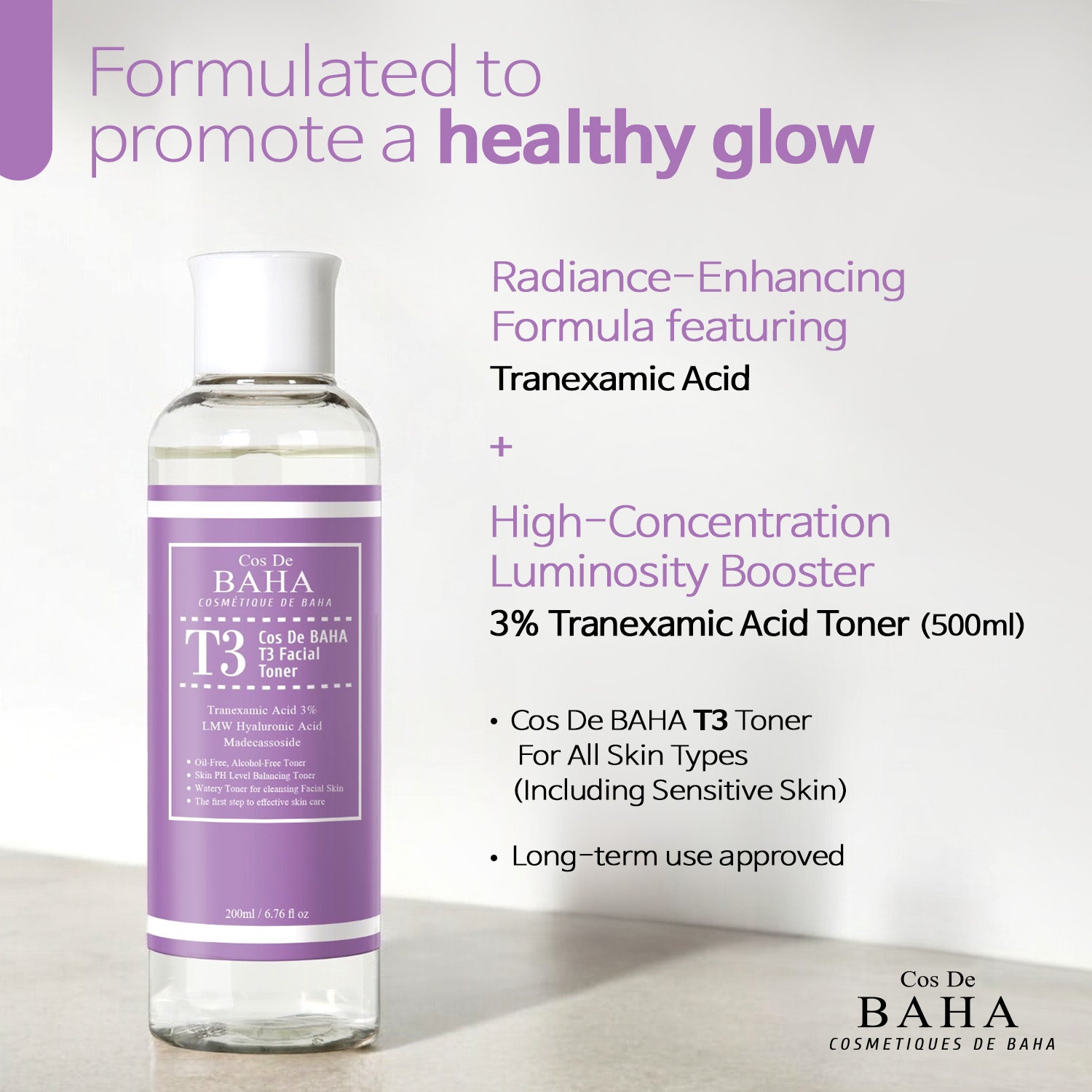 [T3] Tranexamic Acid 3% LMW Hyaluronic Acid Facial Toner - Reduces hyperpigmentation, Improves skin tone, Soothes and moisturizes, Provides deep hydration