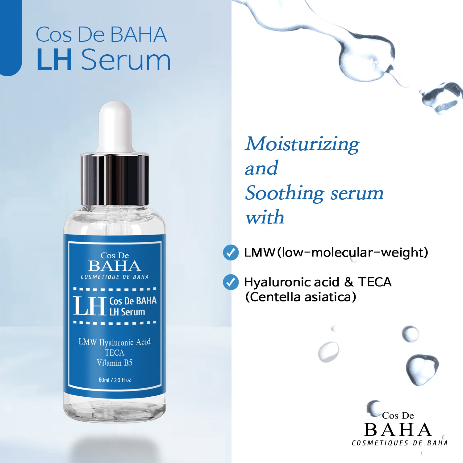 [LH60] Low Molecular Hyaluronic Acid Serum, Hydrating & Volumizing Face Serum, Moisture Boost for All Skin Types, Fragrance-Free Formula