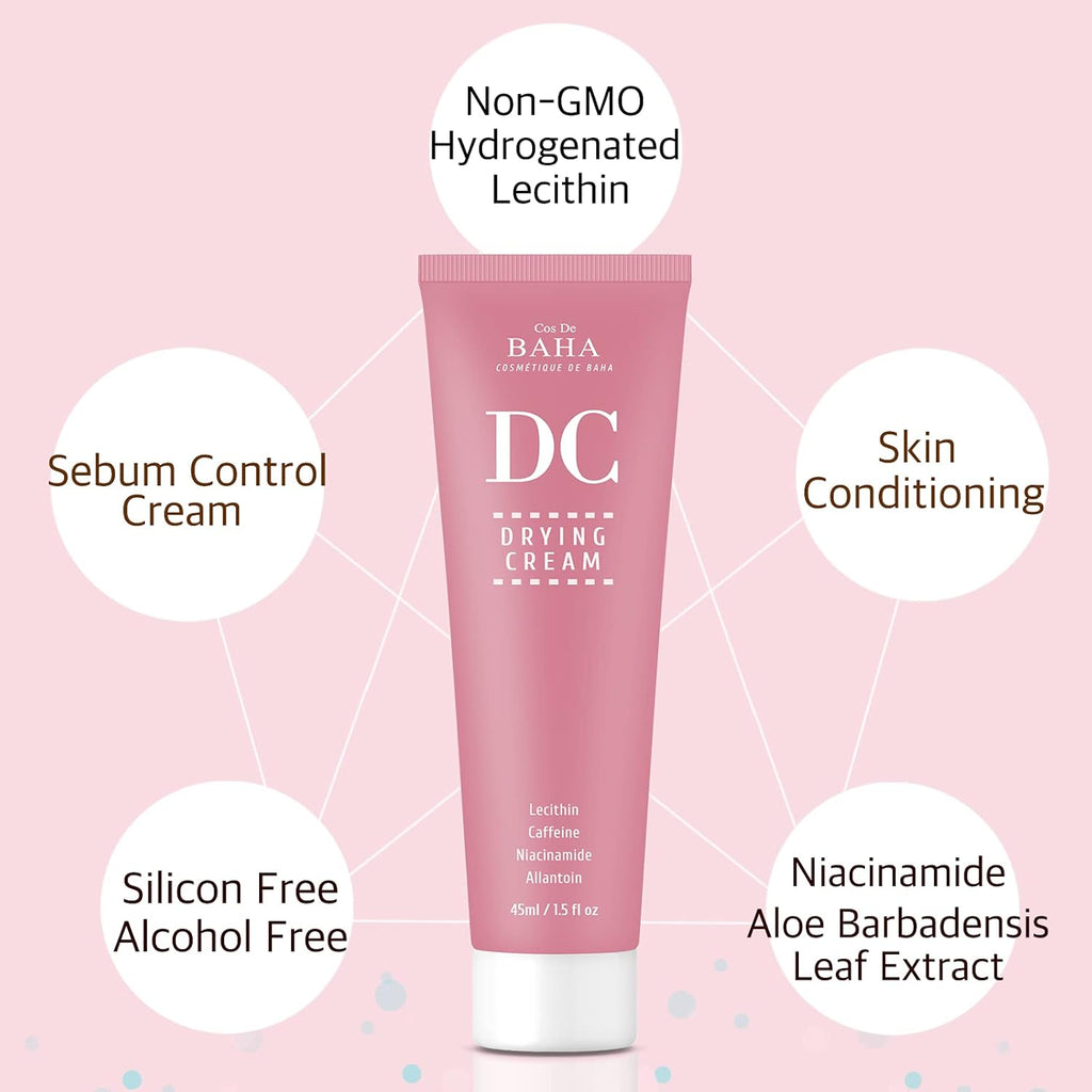 Cos De BAHA Drying Cream for Face Sebum Control Oily Skin Moisturizer with Hydrogenated Lecithin + Niacinamide 5% - Silicon Free, Alcohol Free, Facial Skin Conditioning 45ml, 1.5 fl oz.
