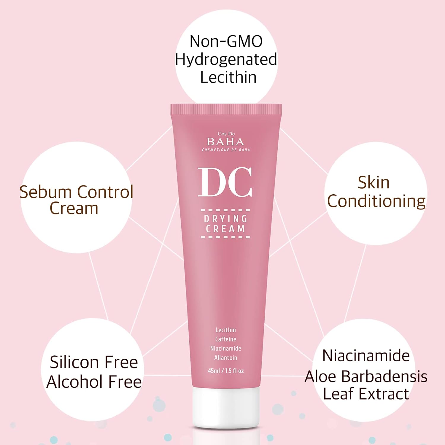 Cos De BAHA Drying Cream for Face Sebum Control Oily Skin Moisturizer with Hydrogenated Lecithin + Niacinamide 5% - Silicon Free, Alcohol Free, Facial Skin Conditioning 45ml, 1.5 fl oz.
