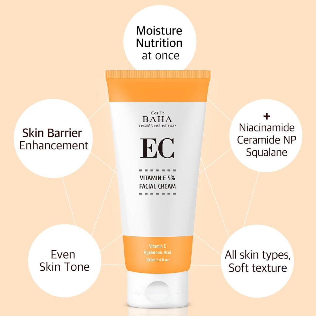 Vitamin E 5% Cream - Soothing Face Moisturizer for Dry Sensitive Skin - Hydrating Facial Cream with Niacinamide and Hyaluronic Acid 120ml, 4.0 fl oz.